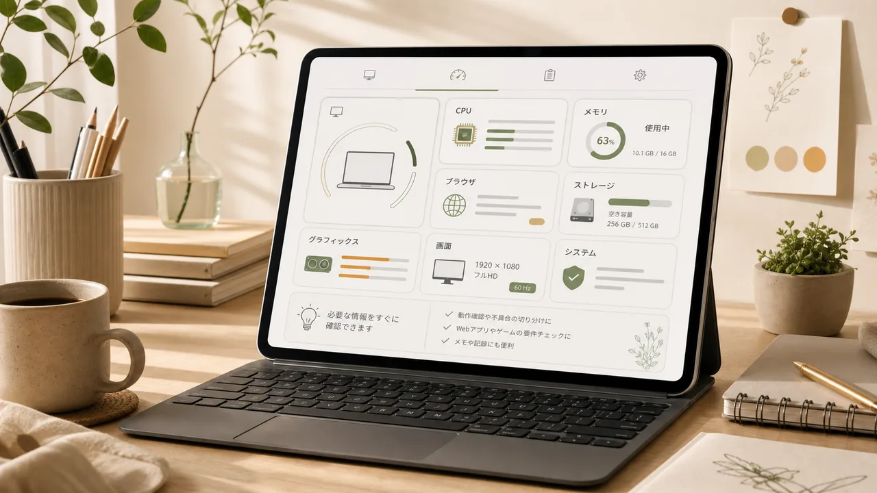 CPU、メモリ、GPU、ブラウザ情報をカードで確認する端末スペック確認ツールのイメージ