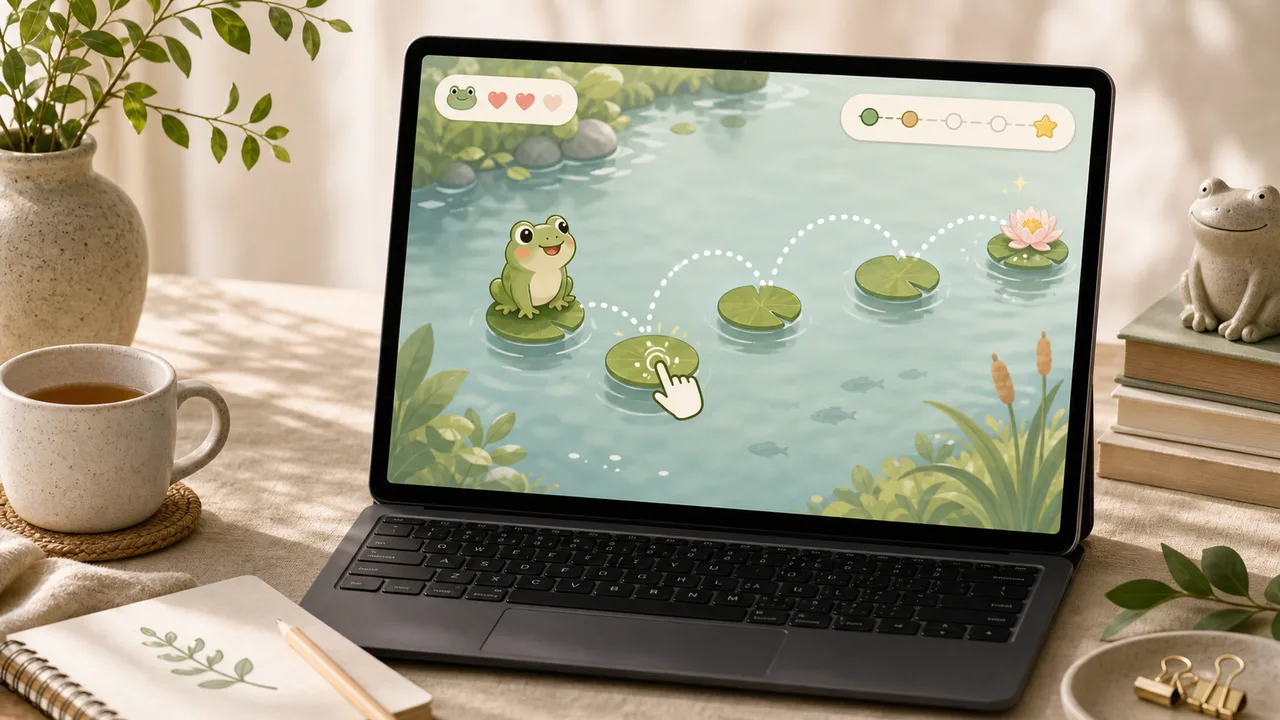 カエルがはっぱの上をジャンプする子ども向けブラウザゲームのイメージ