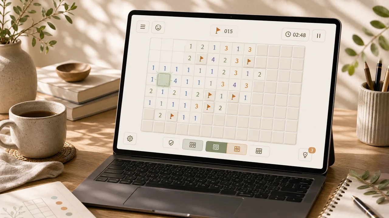 数字タイルと旗マークを並べたマインスイーパー風パズルゲームのイメージ