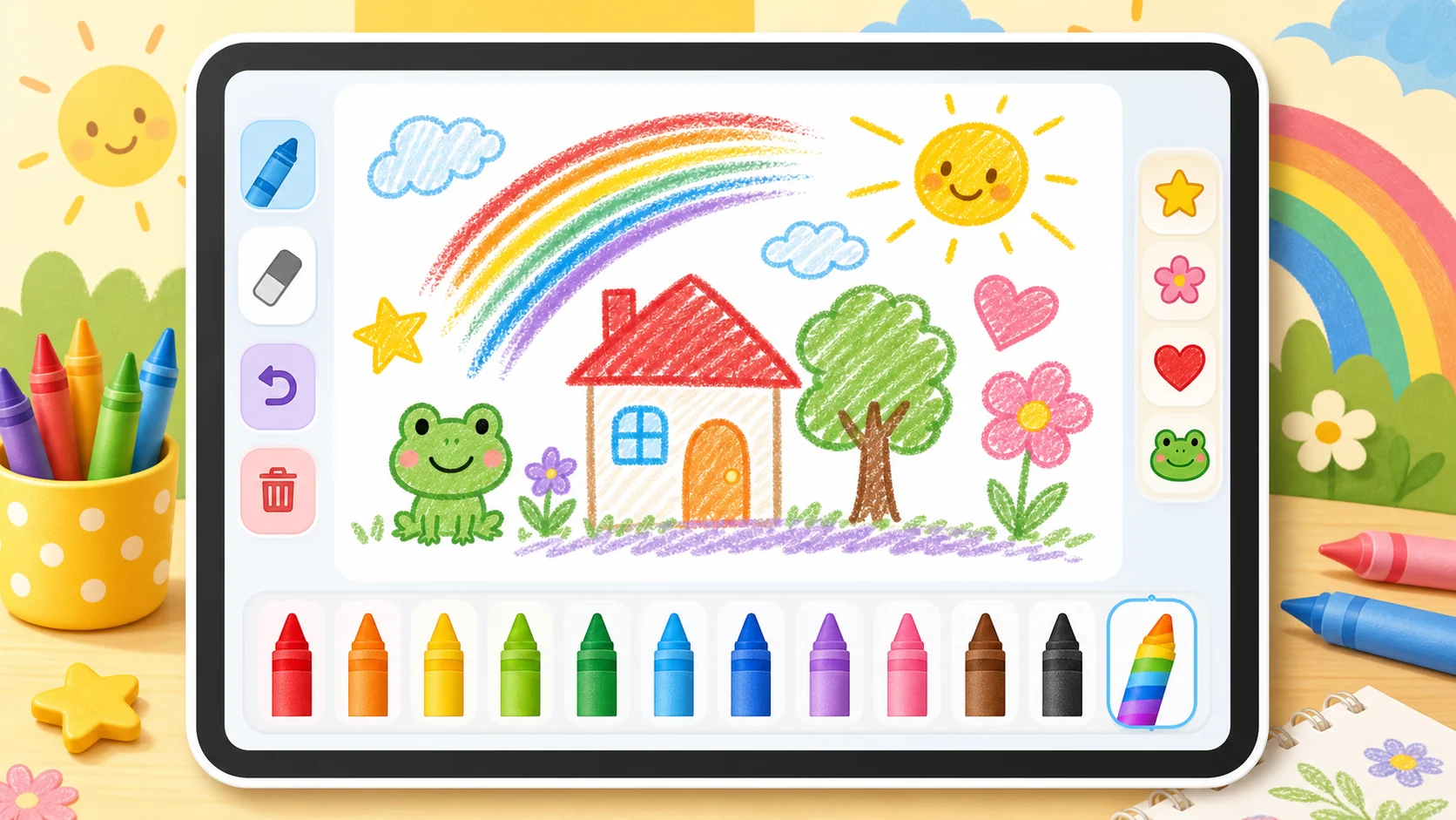 クレヨン、にじいろペン、スタンプを使って自由に描けるおえかきひろばのイメージ