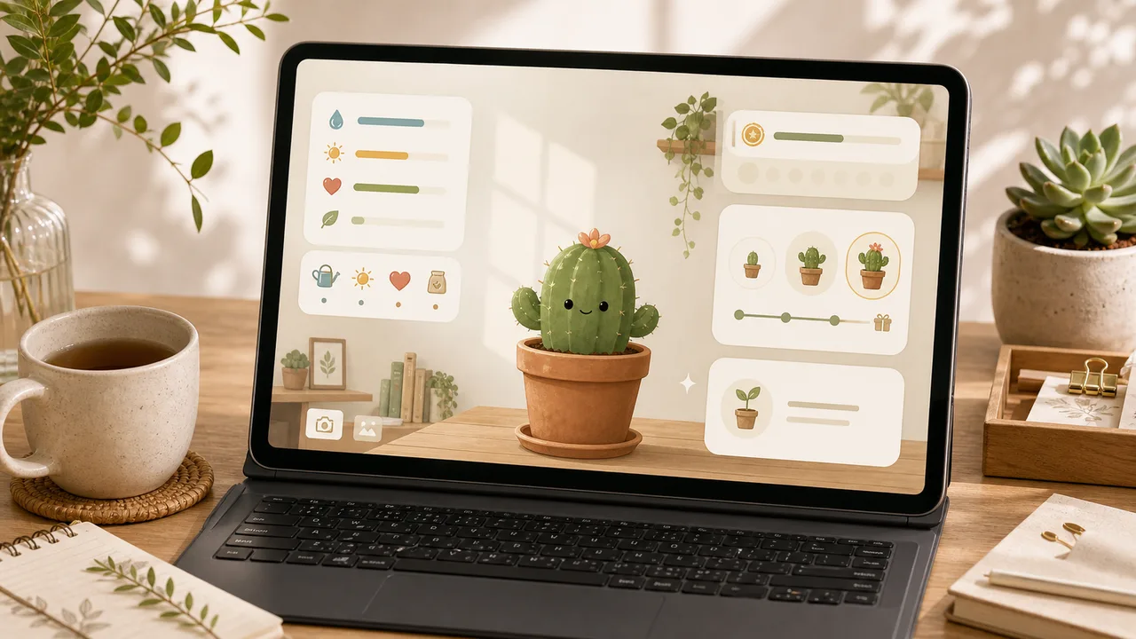 鉢植えサボテン、水やり、成長ゲージを描いた放置育成ゲームのイメージ