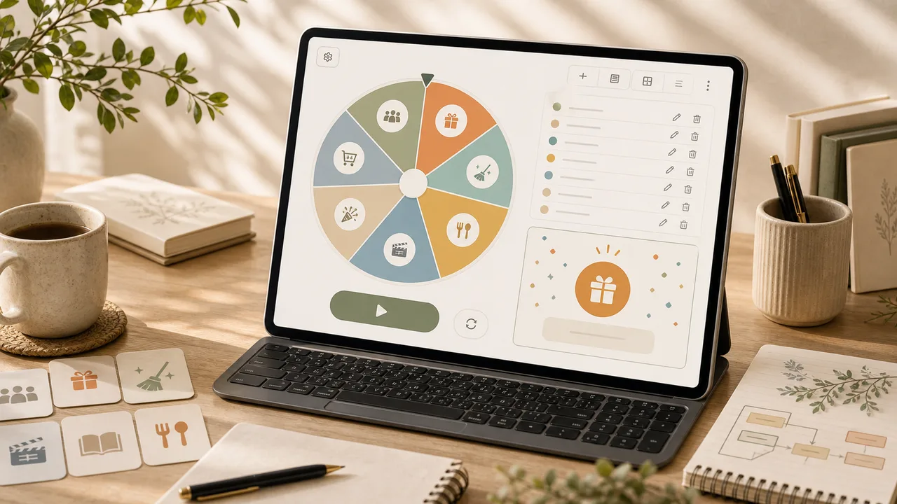 候補を色分けしたホイールと結果表示を並べたSpin Wheelの紹介画像