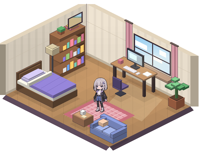 シロネ Assistant Mac版のパネルに描かれるドット絵の箱庭。壁2面と床の部屋にシロネが立っている
